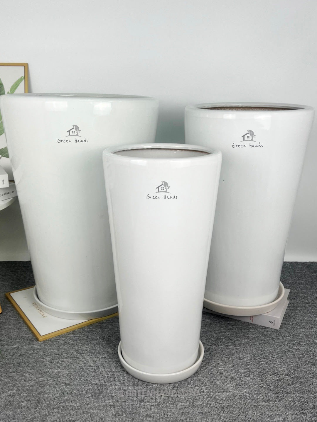 200l plant pot Tall White Ceramic Pots + Saucers – Green Hands