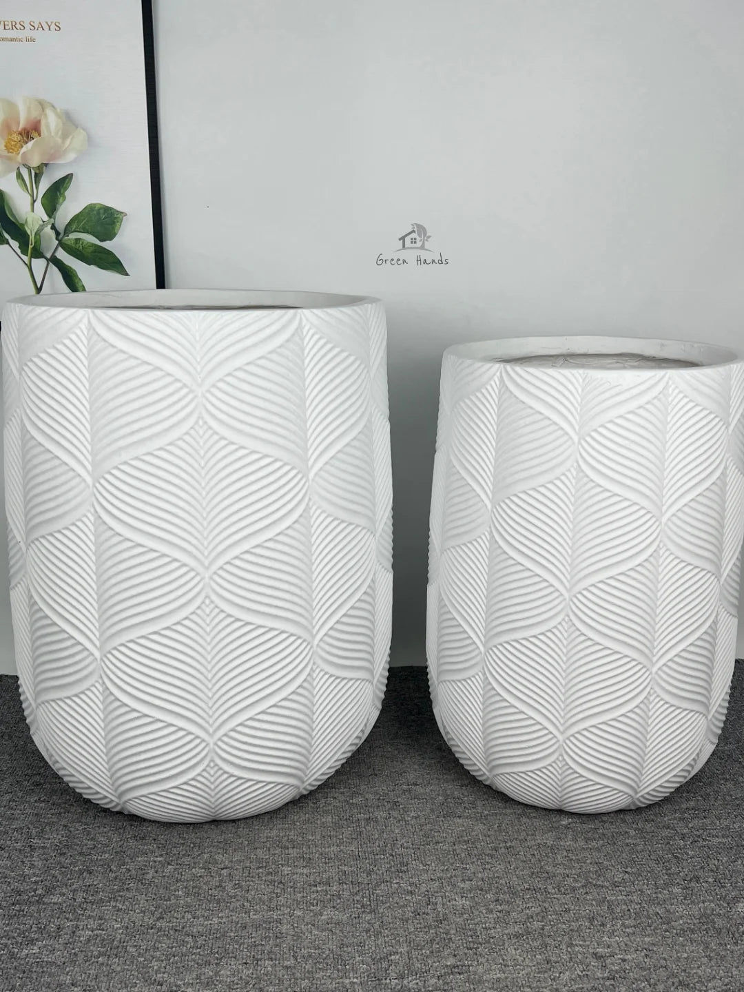 Wavy White Fiber Cement Pot with Drain Hole & Base Plate - Making Magic for Large Indoor Plants