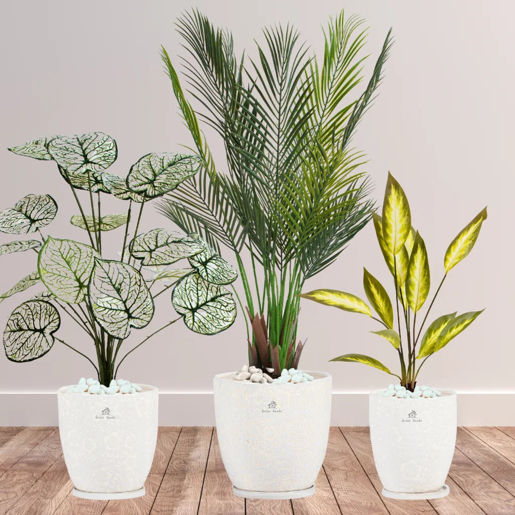 Premium Artificial Plant Bundle: Areca Palm, White Taro & Aglaonema - Perfect for Indoor Decor