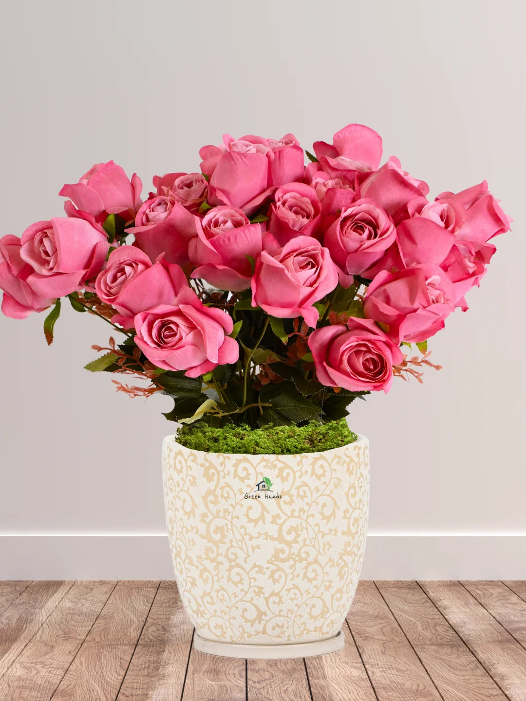 Artificial 33 Roses in Beige Floral Ceramic Pot