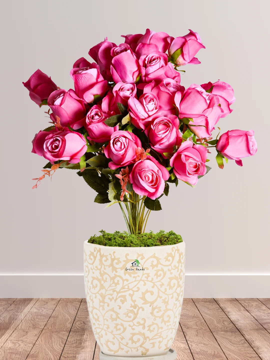 Artificial-Bright-Pink-33-Roses-Arrangement-in-Blossom-Beige-Floral-Ceramic-Pot