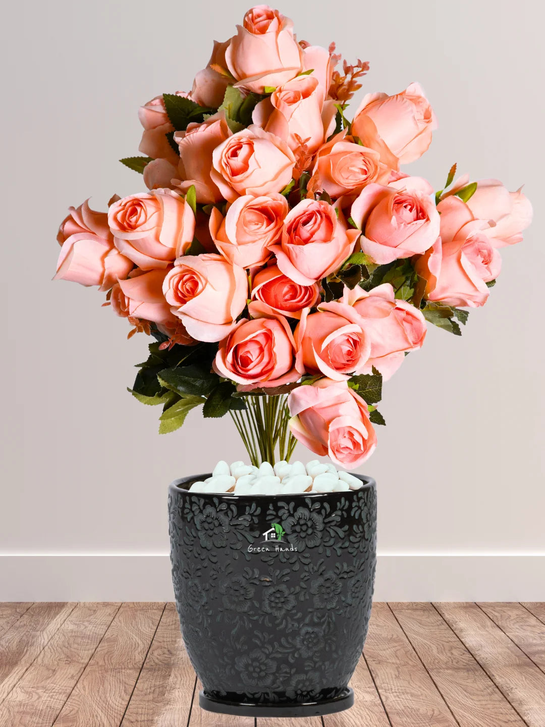 Artificial-Pastel-Orange-Peach-33-Roses-Arrangement-in-Imari-Black-Floral-Ceramic-Pot