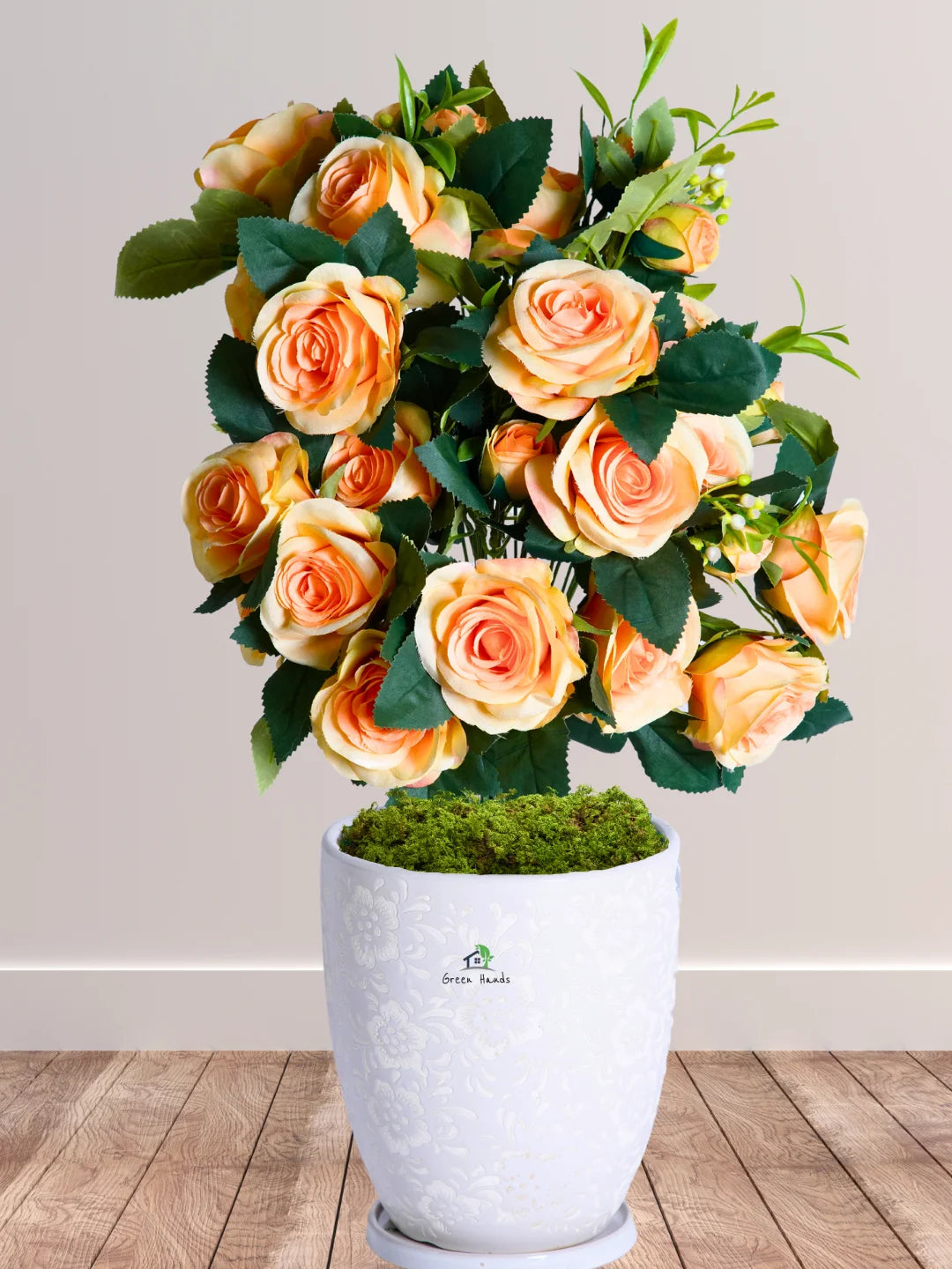 Premium Artificial 30 Roses in Blossom White Floral Ceramic Pot
