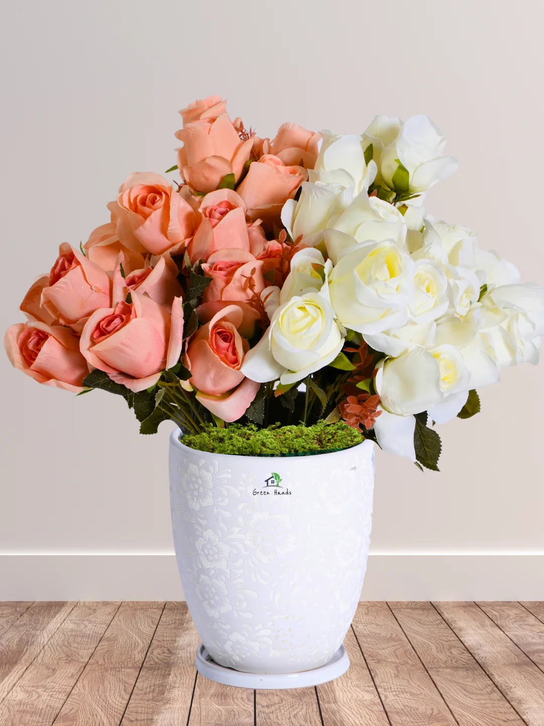 Artificial 33 Roses in Blossom White Floral Ceramic Pot