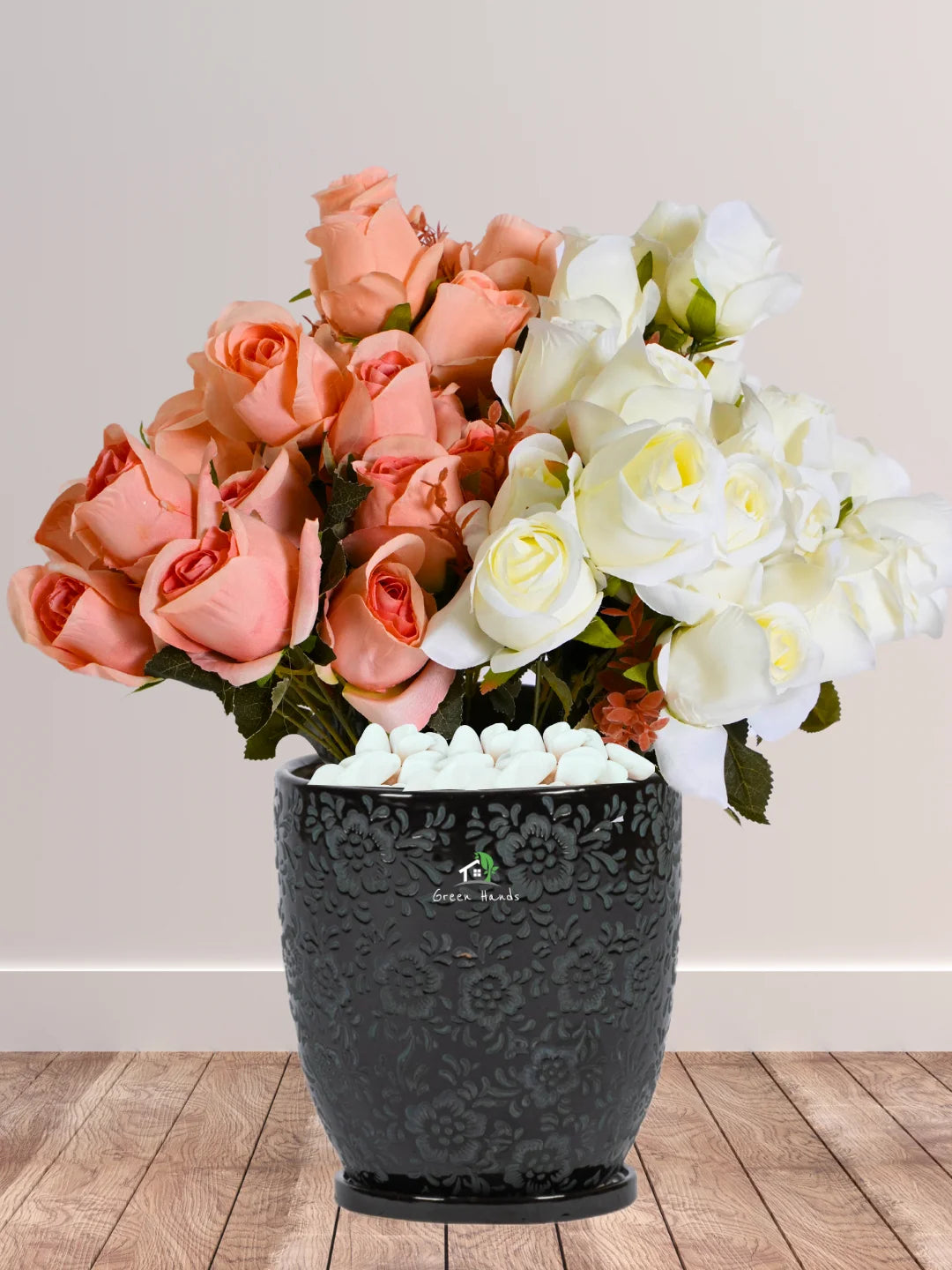 Artificial 33 Roses in Japanese Black Floral Ceramic Pot