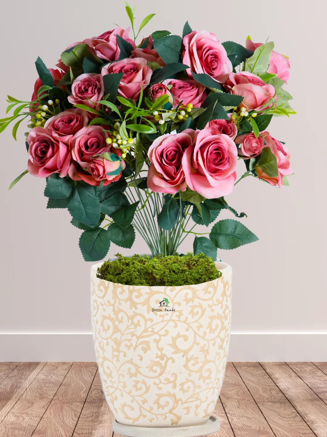 Luxury Artificial 30 Roses in Beige Floral Ceramic Pot