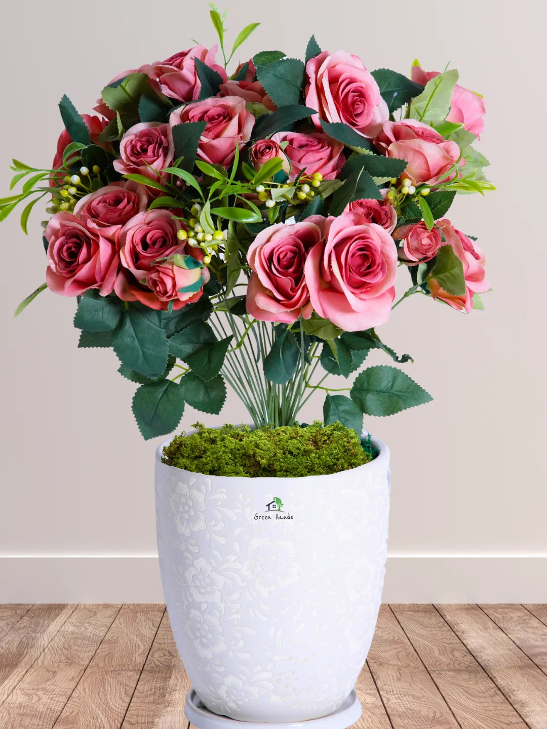 Premium Artificial 30 Roses in Blossom White Floral Ceramic Pot