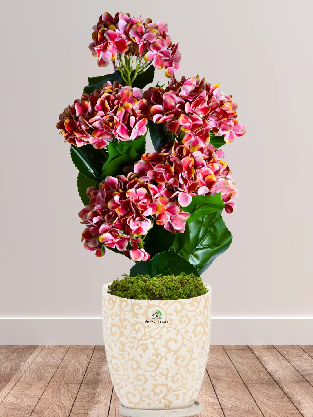 Premium Artificial 5-Bunches Hydrangea Arrangement in Floral Ceramic Pot