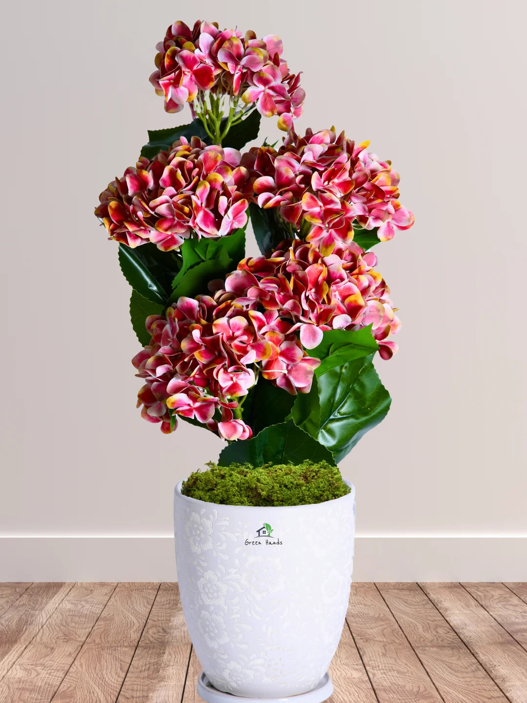 Artificial-Pink-5-Bunches-Hydrangea-Arrangement-in-Blossom-White-Floral-Ceramic-Pot