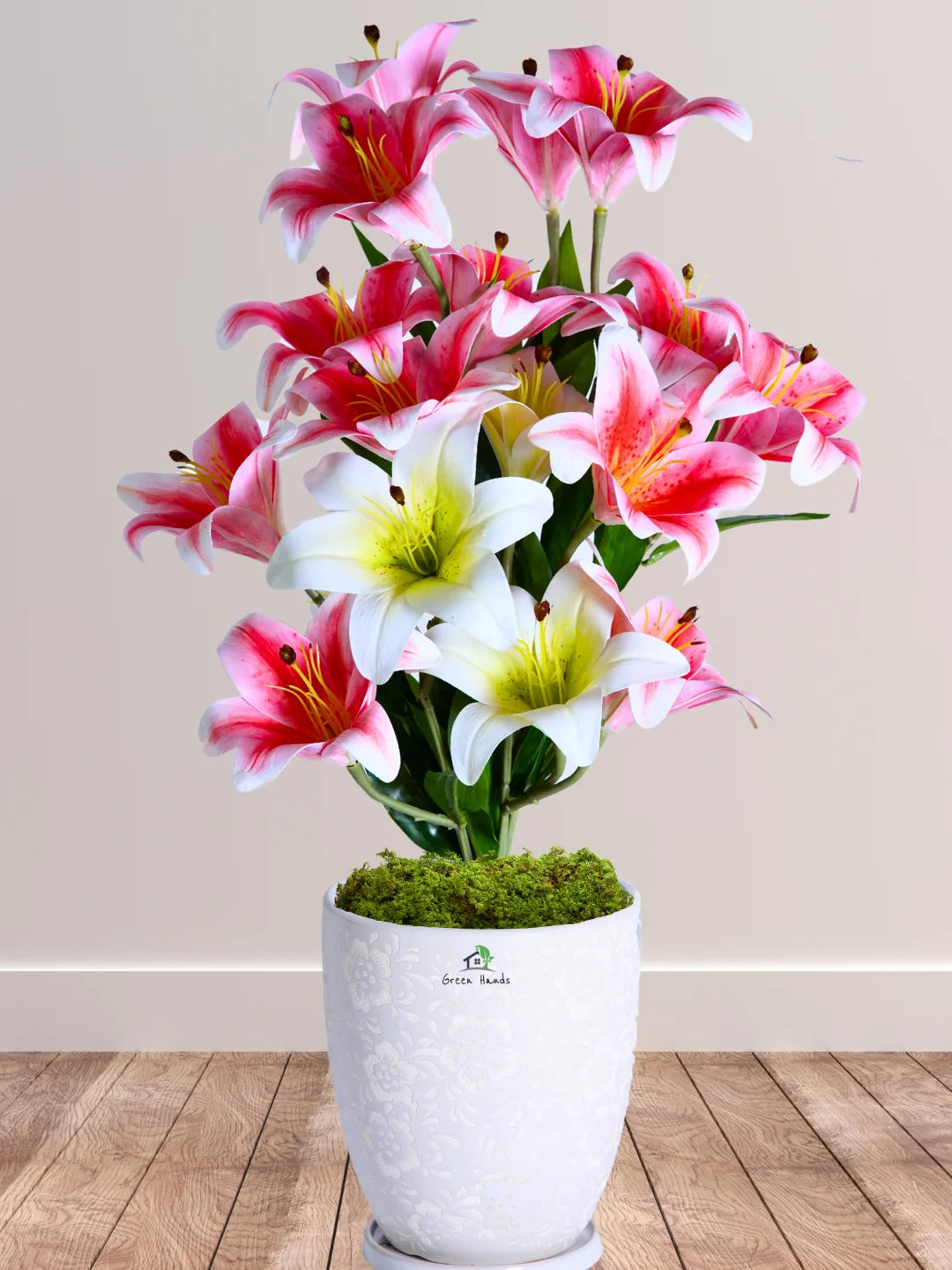 Luxury Artificial 27-Lily Arrangement in Floral Ceramic Pot
