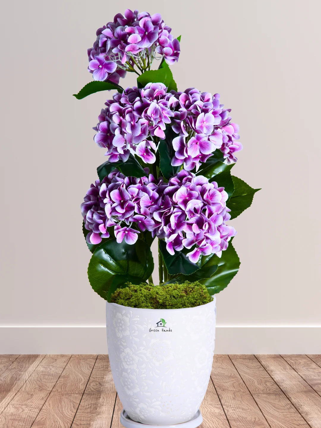 Premium Artificial 5-Bunches Hydrangea Arrangement in Elegant Blossom White Floral Ceramic Pot