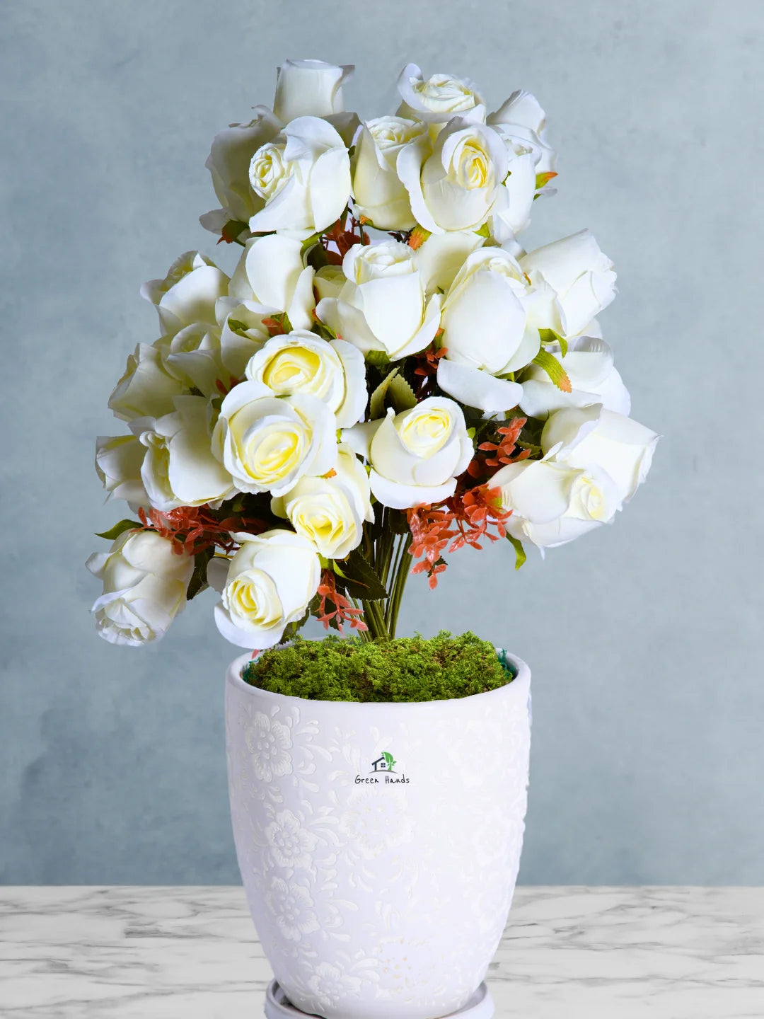 Artificial 33 Roses in Blossom White Floral Ceramic Pot