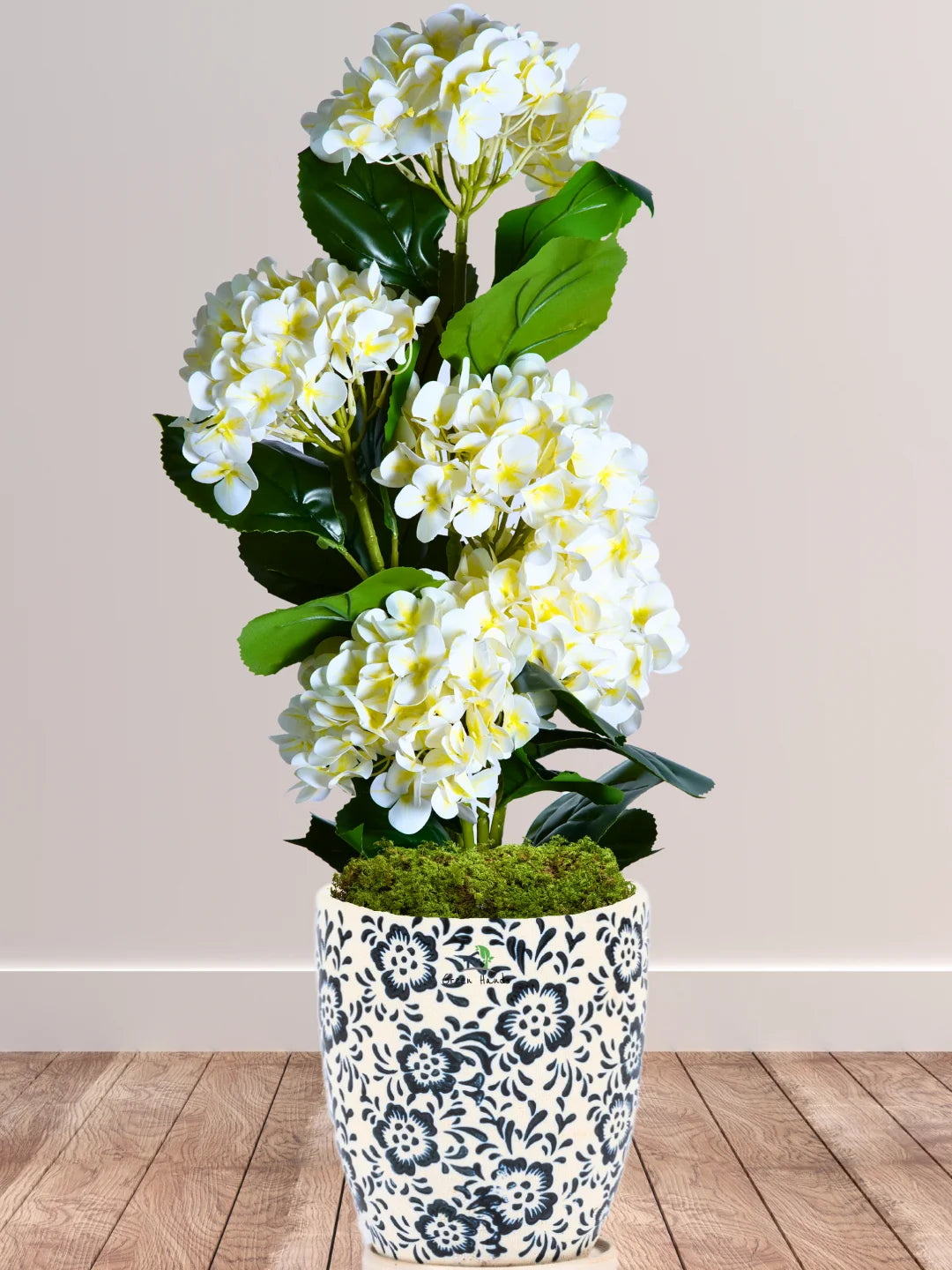 Premium Artificial 5-Bunches Hydrangea Arrangement in Floral Ceramic Pot