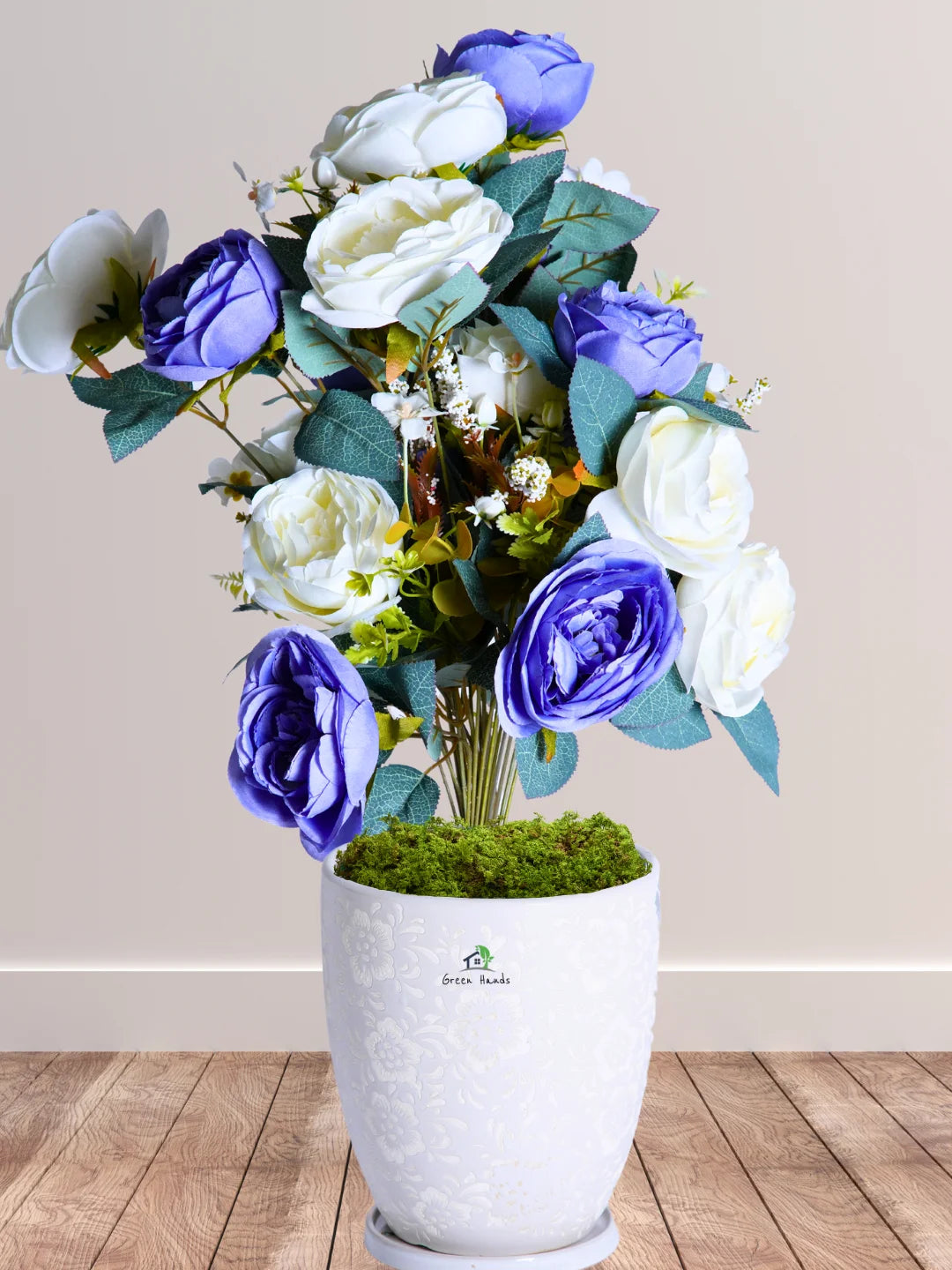 Premium Artificial 27 Roses in Blossom White Floral Ceramic Pot