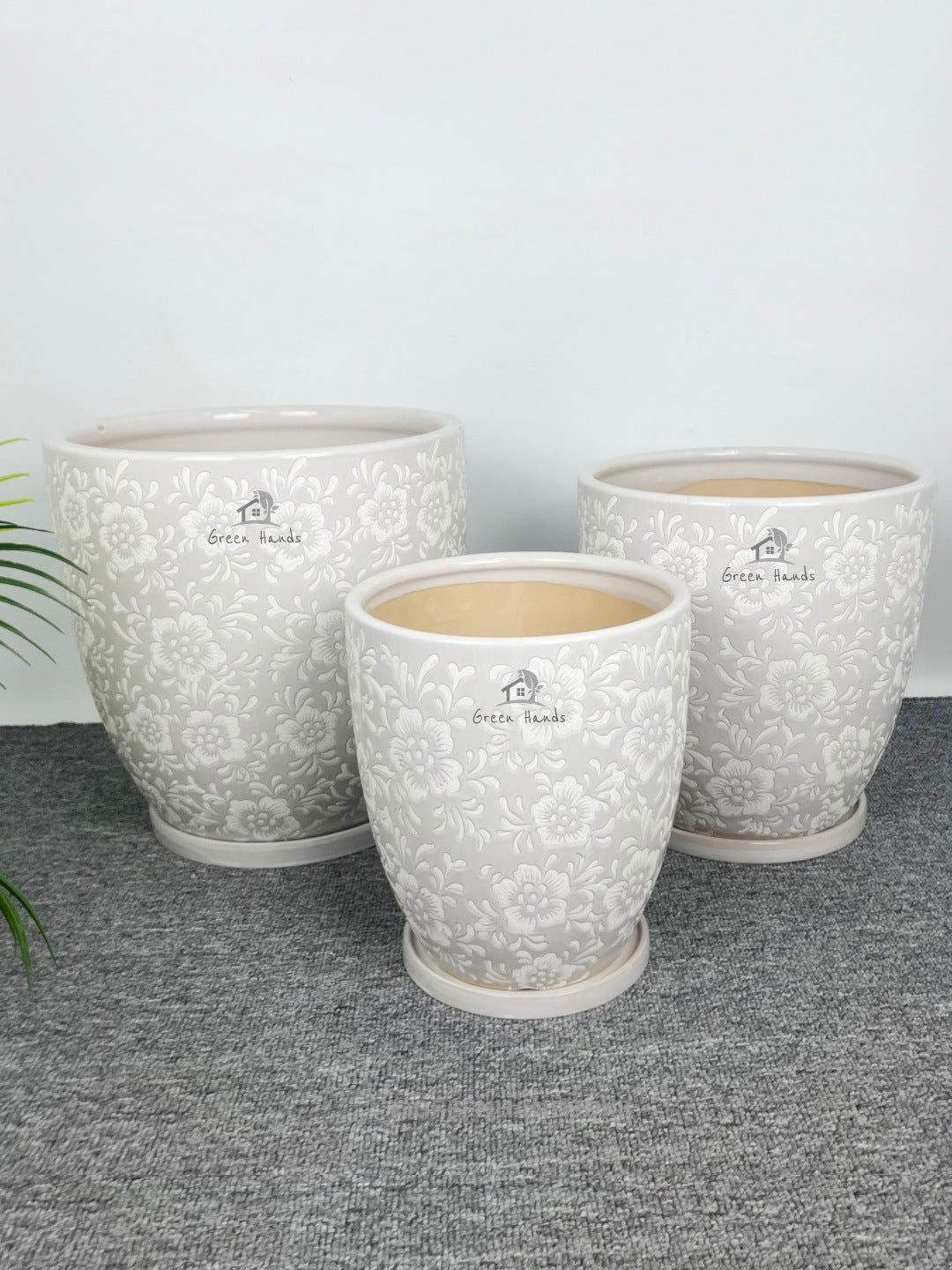Antique Floral White Snow Ceramic Pots in Dubai & Abu Dhabi: Perfect for Minimalist Interiors, Nature, and Art Lovers with Drain Hole and Matching Base Plates