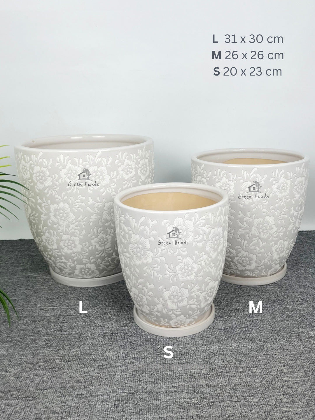 1 meter plant pots Antique White Blossom Ceramic Pots + Ceramic Plates – Green Hands