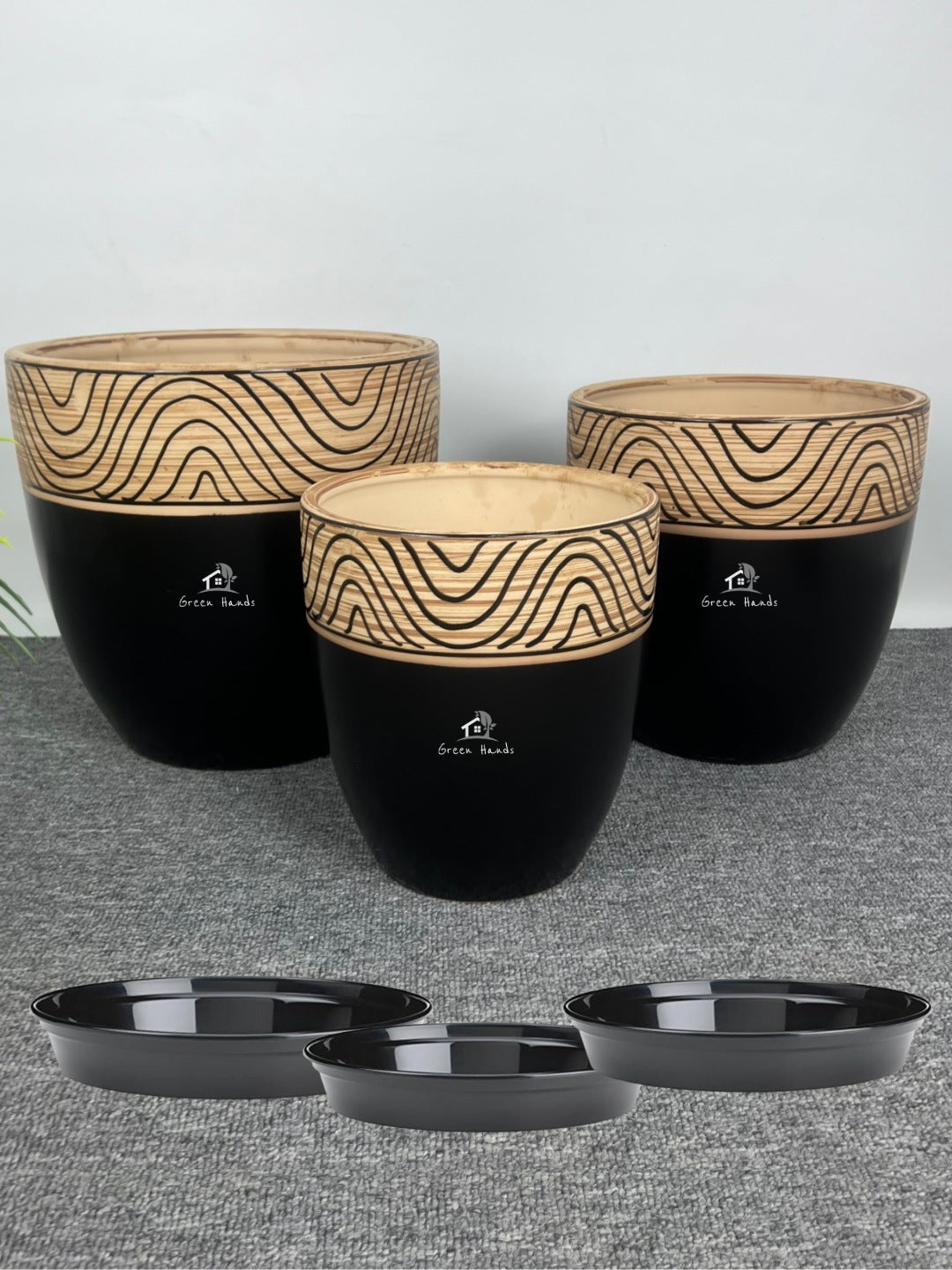 Artistic Black Ceramic Pots with Wooden Carving Finish in Dubai & Abu Dhabi: Natural Design with Drain Holes
