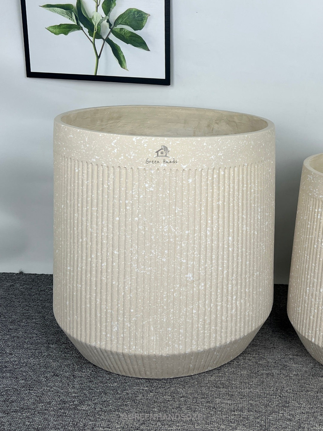 Elegant Ribbed Ficonstone Beige Flower Pot with Drain Holes & Base Plate - Enhance Your Decor with Large Indoor Plants