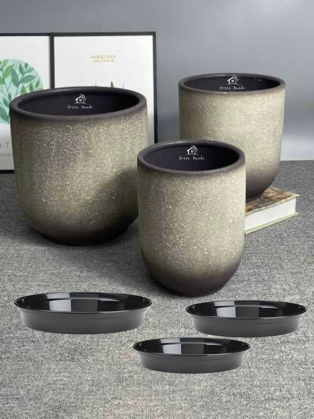 Frost Hue, Forest Shadow Stoney Ceramic Pots - Premium Collection with Drain Holes & Base Plates