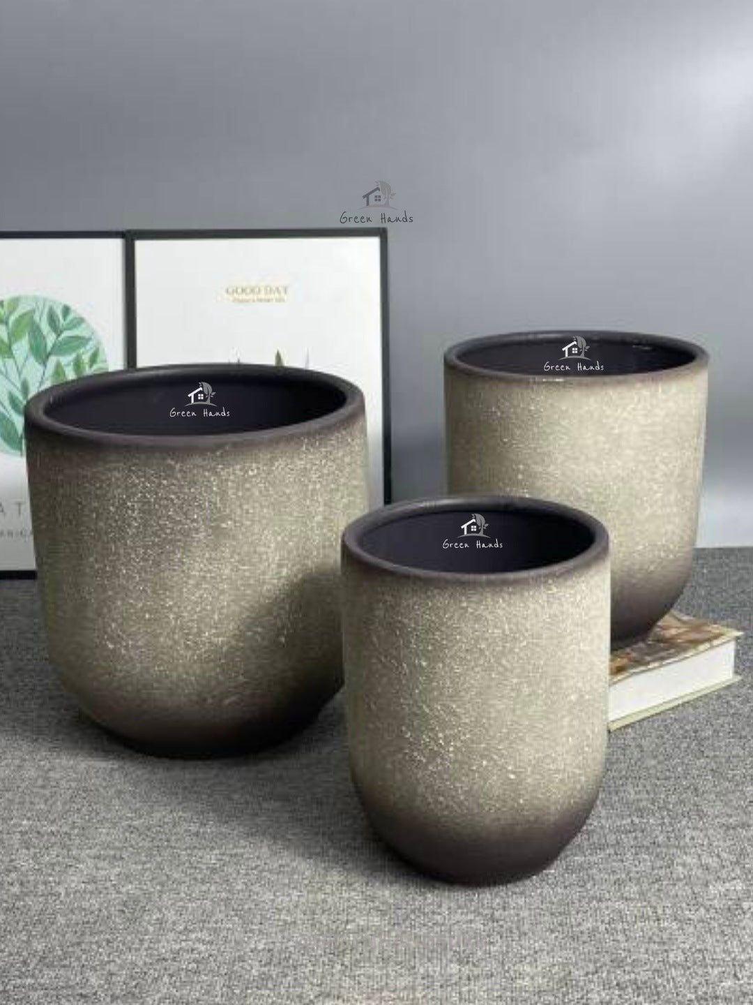 Frost Hue, Forest Shadow Stoney Ceramic Pots - Premium Collection with Drain Holes & Base Plates