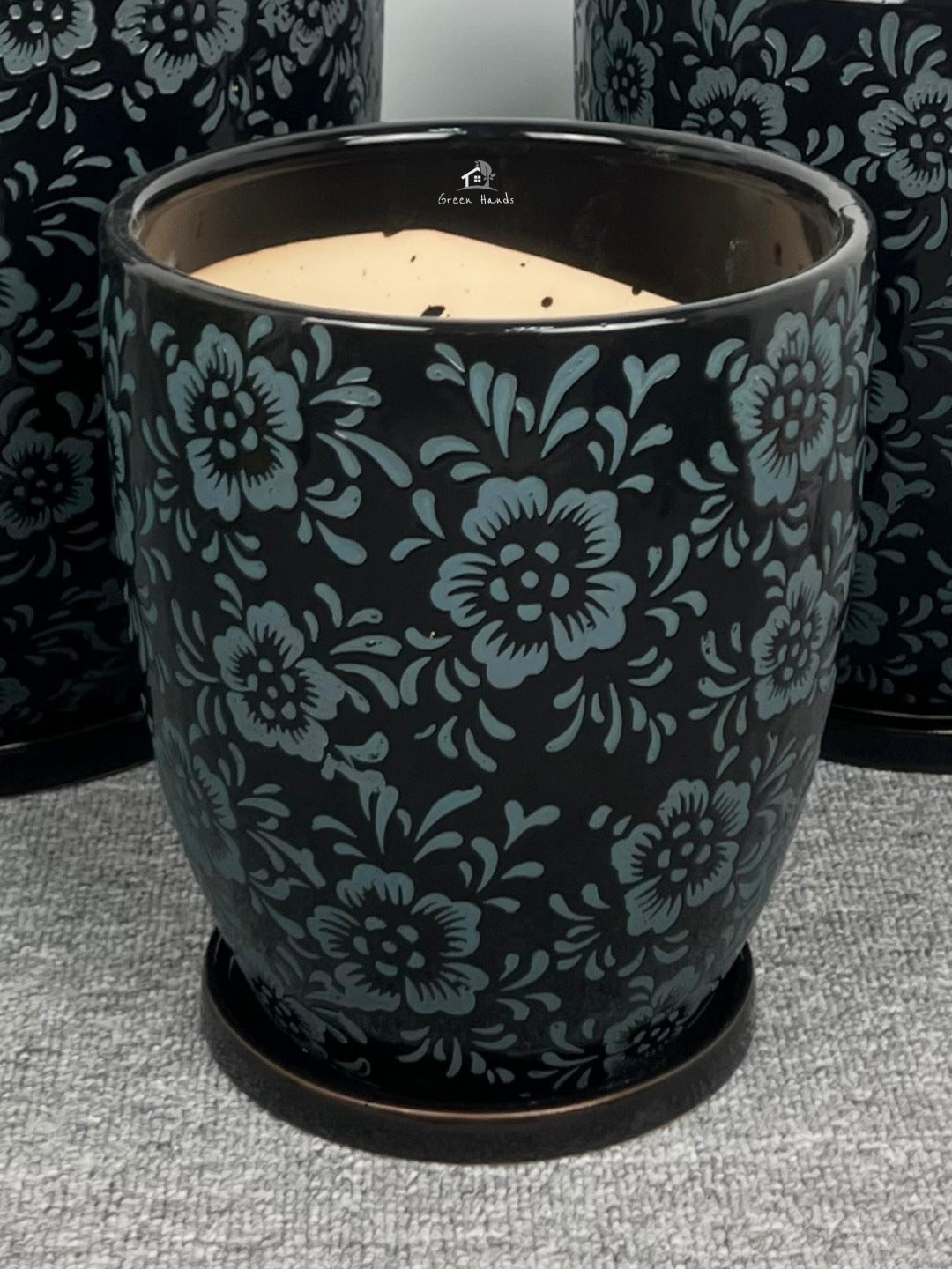Japanese Art-Inspired Ceramic Pots - Black & Blue Floral Design with Drain Holes and Base Plates