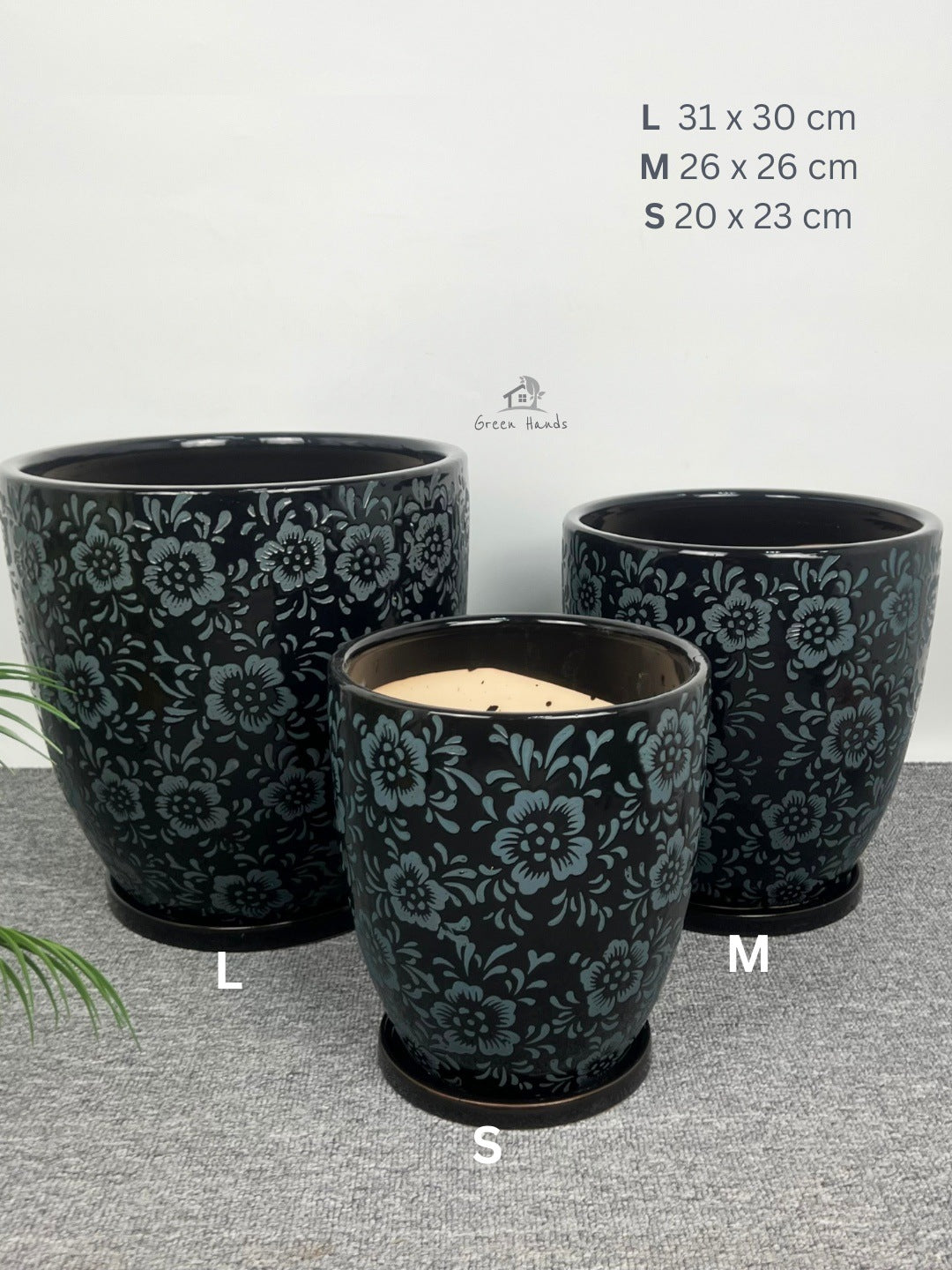Japanese Art-Inspired Ceramic Pots - Black & Blue Floral Design with Drain Holes and Base Plates