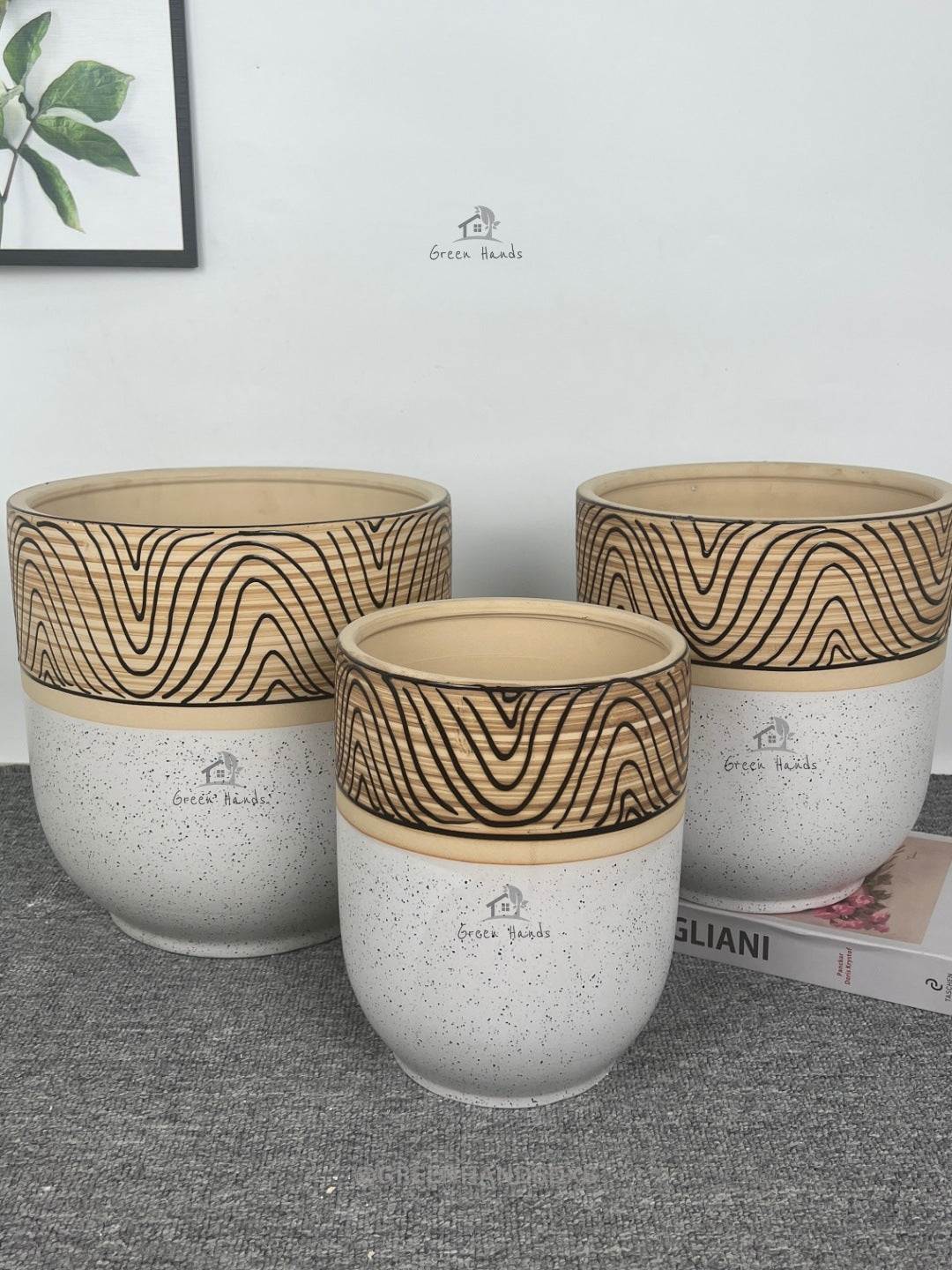 Nature Lover's White Ceramic Pots with Wooden Carving Finish in Dubai & Abu Dhabi: Minimalistic Artistry with Drain Holes and Base Plates