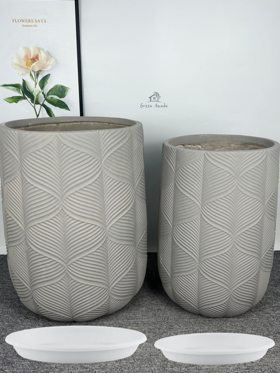 Traditional Engraved Wavy Mystical Grey Fiber Cement Pot with Drain Hole & Base Plate - Vintage Wave Design for Modern Interiors